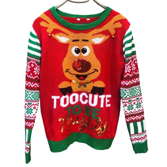 Unknown Sweaters - Too Cute To Be Naughty Reindeer Ugly Christmas Sweater XL Red Green White